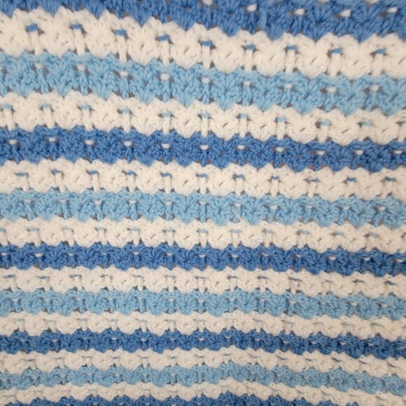 Handmade Knit Crochet Baby Blue White Striped Blanket Throw Modern Home Decor - Picture 3 of 8